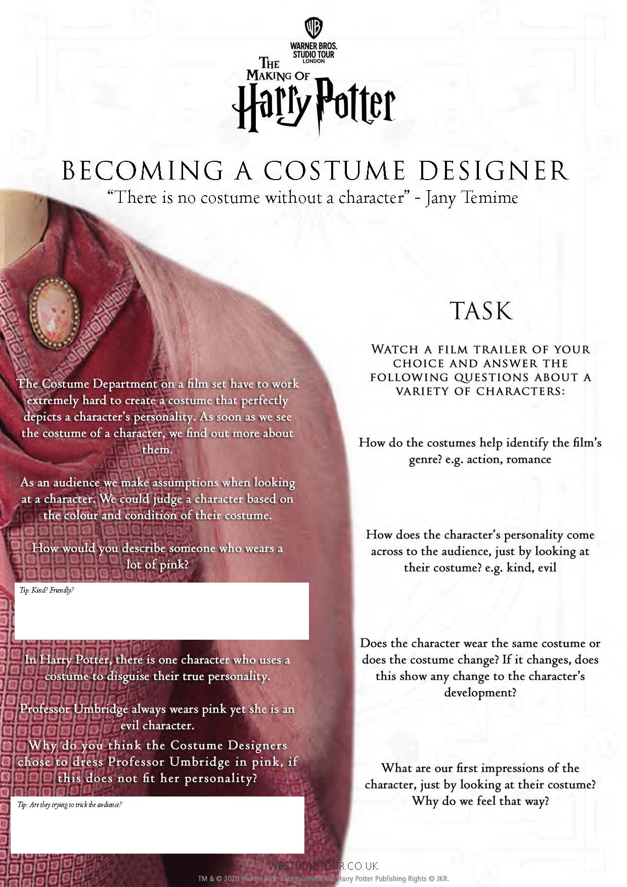 Costume Designer activity worksheets page 1 - Studio Tour at Home