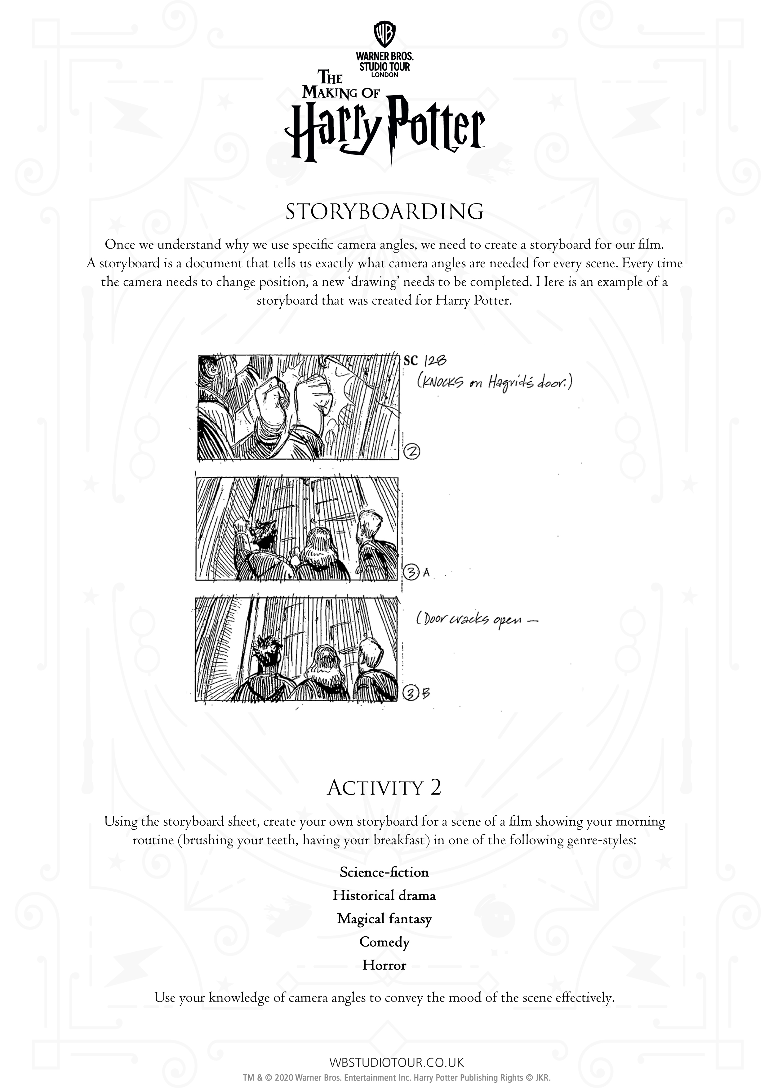 Camera Angles activity worksheets page 2 - Studio Tour at Home