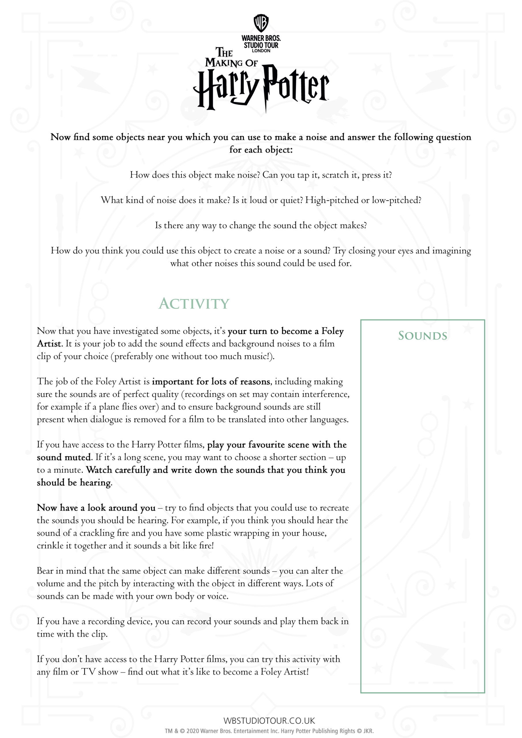 The Art of Foley activity worksheets page 2 - Studio Tour at Home