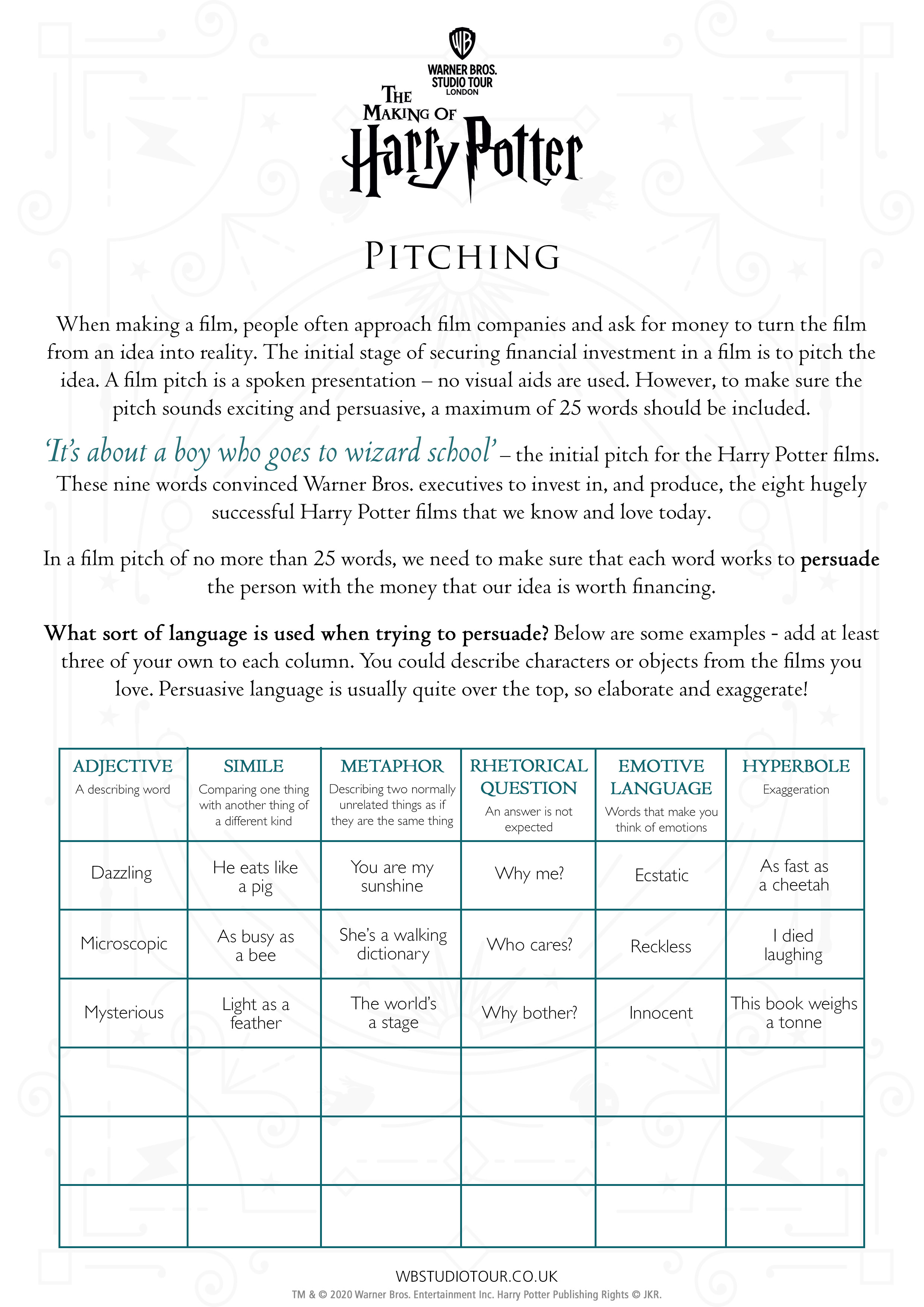 Pitching activity worksheets page 1 - Studio Tour at Home