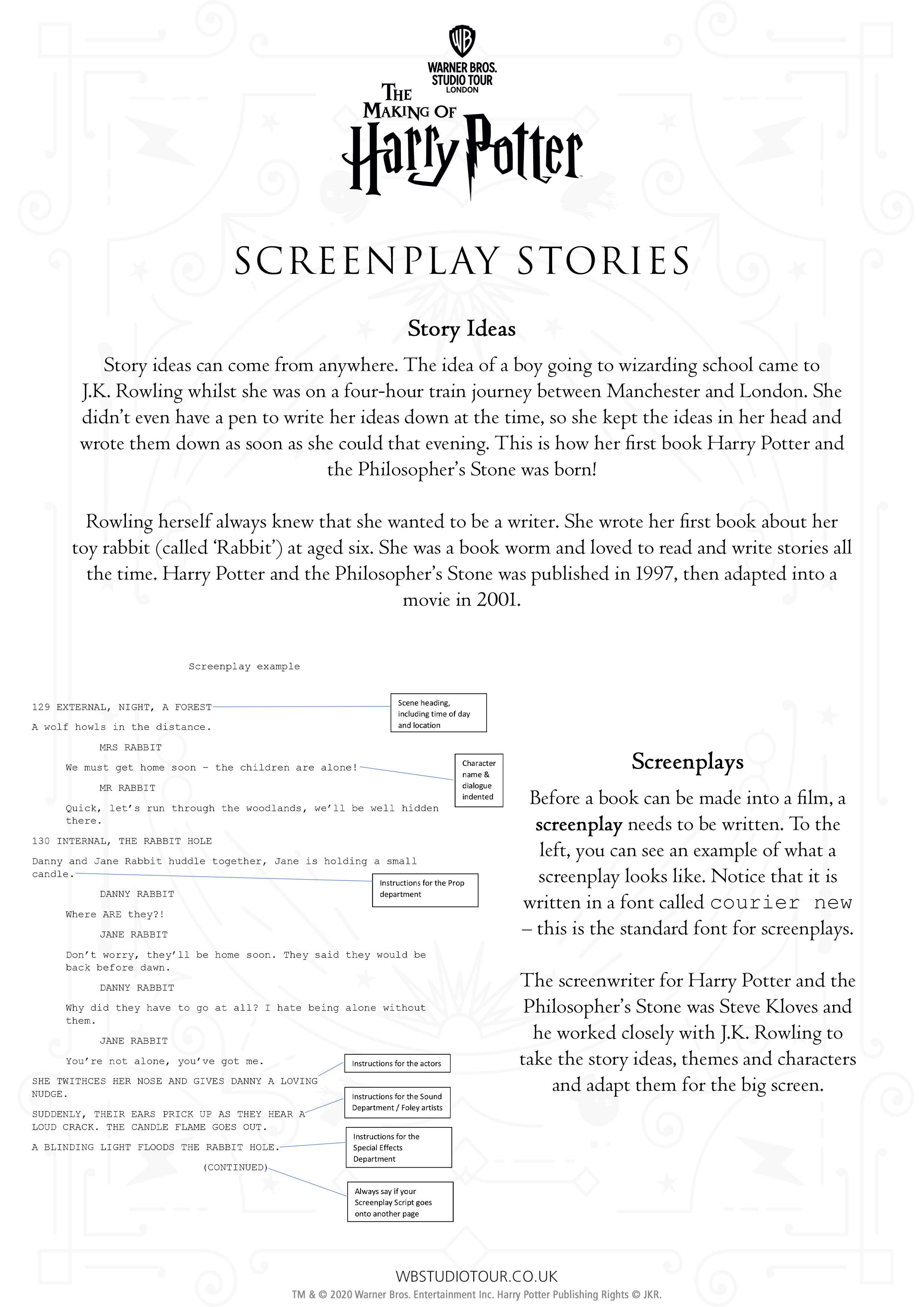 Screenplay activity worksheets page 1 - Studio Tour at Home